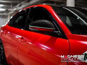 Alfa Romeo Giulia Mirror Covers - Carbon Fiber - Full Replacements - Red Stripe w/ QV Logo - Take Off